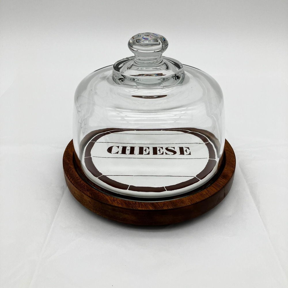 Cheese Dome Cloche 7.5in Wood Base Enamel Insert Brown Farmhouse Style